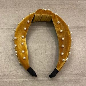 Brand New Gold Tone Velvet Head Band with White Pearl Details
